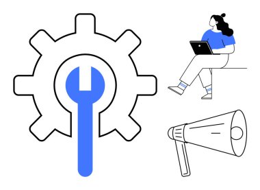 İngiliz anahtarını sembolize eden vites, teknoloji kullanımını gösteren dizüstü bilgisayardaki kadın ve iletişim için megafon. Teknoloji, hizmet, iletişim, destek, pazarlama, dijital araçlar için ideal