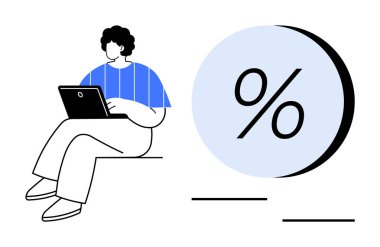 Dizüstü bilgisayarı olan kişi büyük yüzdelik sembolün yanında oturuyor. Finansal analiz, eğitim, sunumlar, pazarlama materyalleri, iş stratejileri, çevrimiçi içerik, bilgi grafikleri için ideal. Çizgi
