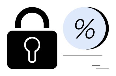 Büyük yüzdelik simgenin yanında asma kilit sembolü. Siber güvenlik, veri şifreleme, gizlilik, güvenli işlemler, çevrimiçi güvenlik, veri koruması ve yazılım güvenliği gibi konular için idealdir. Çizgi