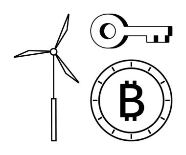 Tarzlı rüzgar türbini, Bitcoin madeni para ve anahtar sırasıyla yenilenebilir enerji, kripto para ve siber güvenliği temsil ediyor. Temiz enerji, engelleme teknolojisi, anonimlik ve veri üzerine tartışmalar için ideal