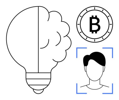 Beyni olan bir ampul, çemberde Bitcoin sembolü ve yüz tanıma çizgisi. Teknoloji, yenilik, kripto para birimi, yapay zeka, zihin haritalama, dijital kimlik ve modern kimlik için ideal.