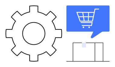 Bir paket kutusunun üstündeki konuşma balonunda bir alışveriş arabası simgesinin yanında ayarlar için vites. Çevrimiçi alışveriş, lojistik, yazılım geliştirme, e-ticaret, perakende satış, optimizasyon, dağıtım hizmetleri için ideal