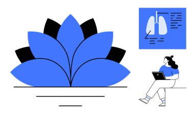 Dizüstü bilgisayarı olan bir kadın, büyük mavi nilüfer çiçeği, akciğer sağlık şeması. Sağlık, farkındalık, meditasyon, sağlık, solunum sağlığı, yoga, tıp eğitimi için idealdir. Satır metaforu