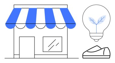 Yerel mağaza vitrininde mavi çizgili tente, içinde bir yaprak ve bir ayakkabı ikonu bulunan çevre dostu ampul. Sürdürülebilirlik, küçük işletme, çevre dostu ürünler, perakende, yeşil enerji için ideal