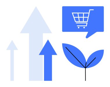 Konuşma baloncuğunun içindeki alışveriş arabası, büyük ve küçük yukarı doğru oklar, ve büyümeyi ve başarıyı temsil eden yeşil bitki. İş için ideal, e-ticaret, sürdürülebilirlik, büyüme stratejileri, dijital