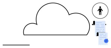 Kullanıcı simgesi, belge ve işaretli büyük bulut şekli. Veri depolama, bulut hesaplama, dijital belge yönetimi, çevrimiçi güvenlik ve teknoloji hizmetleri için ideal. Minimalist vektör biçimi