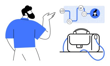 E-posta, arama, alışveriş arabası ve kalp gibi dijital pazarlama stratejilerini temsil eden ikonlara doğru hareket eden bir adam. Sunumlar, bilgi grafikleri, pazarlama planları ve iş stratejisi için ideal