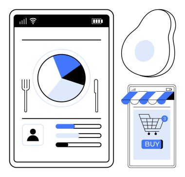 Sağlıklı ve beslenme uygulama düzenine sahip bir akıllı telefon ekranı, diyet izleme için bir pasta grafiği ve gıda öğeleri için çevrimiçi alışveriş ikonu sergiliyor. Minimalist ve modern tarzda. Fitness uygulamaları için ideal