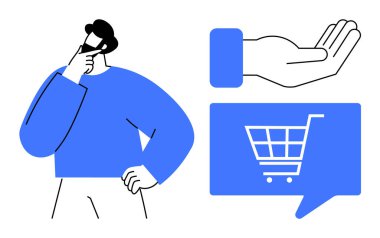 Eller çenede, alışveriş arabaları konuşma balonunda ve avuç içi simgesi açık düşünen bir adam. E-ticaret, çevrimiçi alışveriş, karar verme, perakende satış stratejisi, tüketici davranışı, dijital pazarlama için ideal. Çizgi