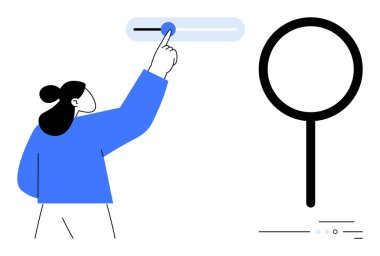 Tarayıcı arama çubuğunda geniş büyüteçle kayan bir kadın. Teknoloji, arama motorları, kullanıcı etkileşimi, çevrimiçi araştırma, web tasarımı, teknoloji dersleri ve eğitim içeriği için ideal. Çizgi