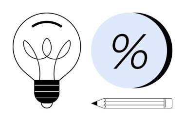 Ampul, mavi daireli yüzde işareti ve kalem. İş stratejisi, finansal analiz, eğitim, beyin fırtınası, yenilik, yaratıcılık ve problem çözme için ideal. Satır metaforu