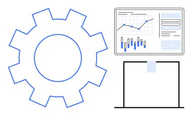 Boş bir belgenin üzerine yerleştirilmiş analitik veri eğilimlerini gösteren dijital bir grafiğe komşu büyük mavi dişli. Teknolojik işlemler, veri analizi, iş planlaması, süreç optimizasyonu için ideal