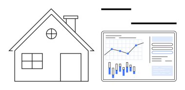 Grafikleri ve ölçümleri gösteren etkileşimli bir veri panelinin yanında. Emlak piyasası analizi, emlak eğilimleri, ev değerlendirmesi, yatırım içgörüleri, veri görselleştirmesi, mali