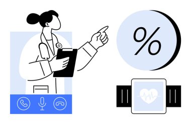 Stetoskop ve panosu olan kadın doktor yüzde ikonunu işaret ediyor, kalp sembollü akıllı kaset, telefon çağrısı ikonları. Tıbbi teknoloji için ideal, tele sağlık, fitness izleme, uzaktan kumanda