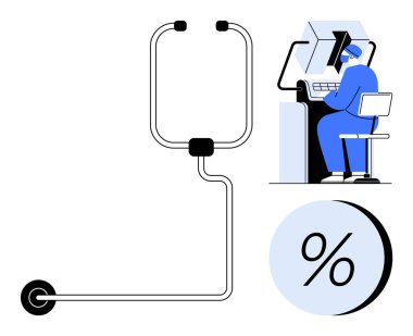 Stetoskop yanında mavi üniformalı sağlık görevlisi bilgisayar masasında, yüzde işareti aşağıda. Teletıp, uzaktan sağlık hizmetleri, sanal konsültasyonlar, tıbbi teknoloji için ideal.