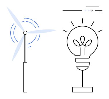 Mavi hareket çizgileriyle dönen rüzgar türbini elektrik üretir ve bir ampulü yakar. Yenilenebilir enerji, sürdürülebilirlik, teknoloji, yenilik, temiz enerji, yeşil çözümler için ideal