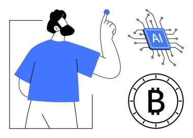 Yapay zeka çipini gösteren adam, Yapay Zeka ve Bitcoin sembolünün görsel temsilcisi. Teknoloji, finans, engelleme zinciri, yapay zeka, kripto para, yenilik ve iş için ideal. Satır metaforu