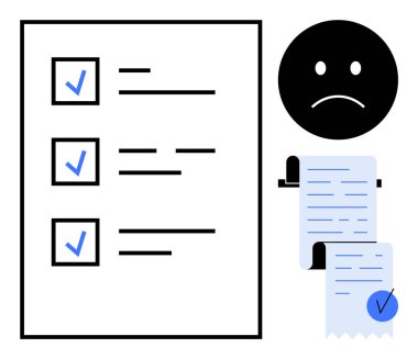 Mutsuz yüz ve uzun makbuzun yanında kontrol listesi tamamlanmış. Finansal yönetim, gider takibi, bütçe belirleme, tatminsizlik ve görev tamamlama için ideal. Minimalist, modern, düz