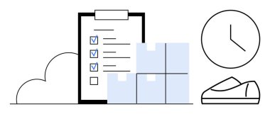 Kontrol işaretleri, paketler, bulut, saat ve etkin envanter yönetimini temsil eden spor ayakkabılı kontrol listesi. Zaman yönetimi, e-ticaret, perakende, görev planlaması, lojistik, nakliye için ideal