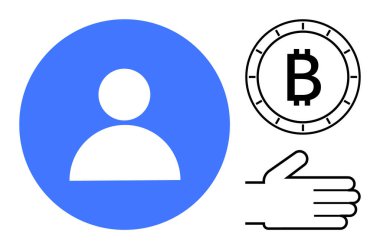 Profil simgesi çemberi, Bitcoin sembolü para, açık el hareketi. Dijital kimlik, kripto para birimi, finansal işlemler, çevrimiçi profiller, ödeme sistemleri, engelleme teknolojisi için ideal. Satır metaforu