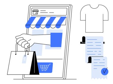 Akıllı telefondan, tişört ikonundan ve makbuzlardan alışveriş poşeti tutan bir el. Mobil alışveriş, e-ticaret platformları, çevrimiçi satın alma, dijital işlemler, perakende pazarlama için ideal. Düz