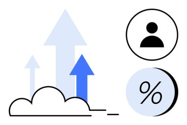 Yukarıya, buluta, kullanıcı simgesine ve yüzde sembolüne bakan okları olan grafikler. Ticari büyüme, veri analizi, performans ölçümleri, kullanıcı katılımı, finans, teknoloji ve pazarlama için ideal. Çizgi