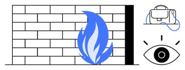 Tuğlalardan, mavi alevden, kablolu dizüstü bilgisayardan ve bir göz ikonundan yapılmış güvenlik duvarı. Siber güvenlik, bilişim desteği, çevrimiçi mahremiyet, dijital güvenlik, veri koruması, İnternet güvenliği ve teknoloji için ideal
