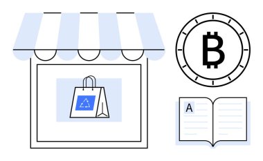 Market storefront with eco-friendly shopping bag, Bitcoin symbol coin, and open book. Ideal for eco-commerce, cryptocurrency, online shopping, education, sustainability, financial literacy clipart