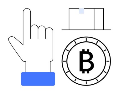 Mavi bilekli yukarı bakan el, bir teslimat kutusu ve Bitcoin sembolü. Kripto para birimi, e-ticaret, dijital ödemeler, lojistik, finans teknolojisi, engelleme zinciri, online alışveriş için ideal. Çizgi
