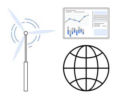 Dönen bıçaklı rüzgar türbini, küresel ağ sembolü ve grafik ve grafikleri gösteren analitik ekran. Sürdürülebilirlik, enerji analizi, küresel bağlantı, veri analizi için ideal