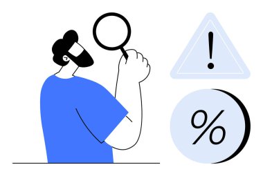 Büyüteç kullanan, nesneleri inceleyen bir adam. Ünlem işaretli uyarı üçgeni, yüzde işareti. Araştırma, analiz, risk değerlendirmesi, uyarı, istatistik, finans ve inceleme için ideal