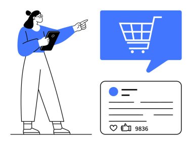 Elinde tablet olan kadın, yakınlarda sosyal medya paylaşımı olan alışveriş arabası ikonunu işaret ediyor. E-ticaret, çevrimiçi alışveriş, sosyal medya analizleri, dijital pazarlama, çevrimiçi satış stratejisi, pazar