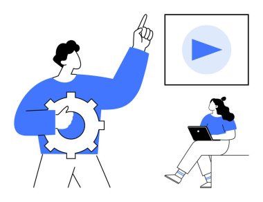 Teçhizatı elinde tutan kişi ekranı oynatma düğmesiyle işaret ediyor, dizüstü bilgisayarla oturan kişi. Takım çalışması, dijital yenilik, çevrimiçi öğrenme, teknoloji dersleri, webinarlar, sunumlar, eğitim için ideal