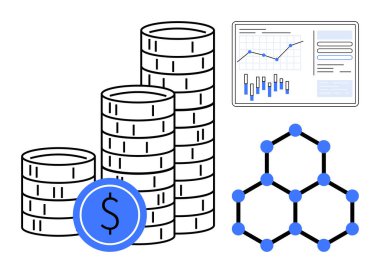 Yığınla bozuk para, grafikli veri analiz ekranı ve bir ağ molekül yapısı. Finans, yatırım, iş stratejisi, teknoloji, veri analizi, ekonomi ve yenilik temaları için idealdir. Çizgi