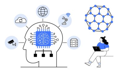 Bir devre kartı olarak gösterilen insan beyni teknoloji, bulut ve otomasyon ikonlarına bağlanıyor. Dizüstü bilgisayarı olan kadın yapay zeka kavramları okuyor. Teknoloji, yapay zeka, eğitim, yenilik ve araştırma için ideal