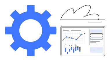 Bulut anahatlarının yanında vites simgesi ve grafik ve analizli veri tabloları. Teknoloji, veri yönetimi, bulut hesaplama, analitik, mühendislik, iş stratejisi ve dijital konulardaki temalar için ideal