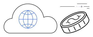 Çevrimiçi mali işlemleri sembolize eden uçan bir madeni paranın yanındaki bulut simgesinin içindeki dünya. Bulut hesaplama, küresel finans, dijital ekonomi, kripto para birimi ve fintech hizmetlerini temsil etmek için ideal