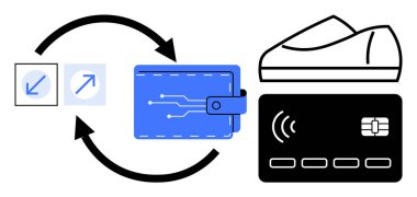 Devre tasarımlı cüzdan, kredi kartı, ayakkabı, transfer simgeleri ve bağlantıyı vurgulayan oklar. Finans, e-ticaret, teknoloji, bankacılık, mobil ödemeler, çevrimiçi alışveriş, dijital