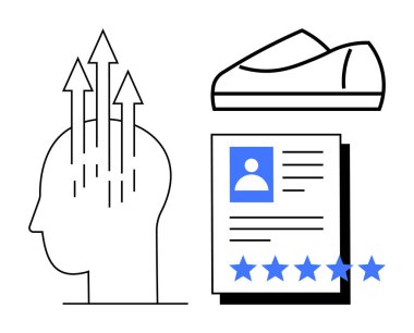 Yukarı doğru ok atan insan kafası, profil fotoğrafı, derecelendirme yıldızları ve bir ayakkabı ile devam ediyor. Kariyer büyümesi, yetenek gelişimi, iş arama, profesyonel performans, kişisel gelişim, HR için ideal