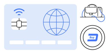Çipli ve kablosuz sembollü kredi kartı, dünya ikonu, alışveriş çantası ve satın alma düğmesi. E-ticaret, çevrimiçi alışveriş, temassız ödeme, dijital cüzdanlar, finans teknolojisi, küresel ticaret, sanal