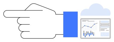 El, grafik ve grafikleri gösteren bir veri analizi paneliyle bir bulutu işaret ediyor. İş için ideal, veri analizi, bulut hesaplama, teknoloji, sunumlar, web sitesi çizimleri, dijital