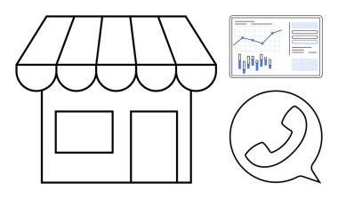Küçük mağaza binası, grafikli analitik çizelge, telefon sembolü. İş stratejisi, perakende pazarlama, müşteri hizmetleri, küçük işletme büyümesi, iletişim, satış analizi, veri takibi için ideal