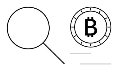 Bitcoin sembolünü vurgulayan büyüteç, dijital para biriminin incelenmesini öneriyor. Finansal analiz, kripto para birimi araştırması, engelleme teknolojisi, yatırım stratejileri için ideal