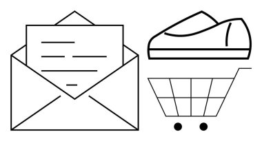 Mektup, ayakkabı ve alışveriş arabası ile zarf iletişim, ayakkabı ve perakende temaları iletir. E-ticaret, online alışveriş, bültenler, moda, perakende pazarlama, posta kampanyaları için ideal