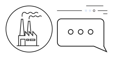 Çember içinde sanayi fabrikası elipsli bir mesaj baloncuğunun yanında duman yayıyor. Sanayi iletişimi, iş stratejileri, üretim güncellemeleri, yenilik tartışmaları, üretim için ideal