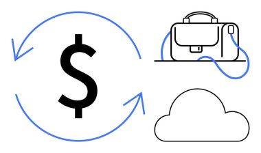 Etrafı oklarla, evrak çantalarıyla ve finans, iş hareketliliği ve teknolojiyi temsil eden bulutlarla çevrili büyük dolar işareti. İş finansmanı, bulut hizmetleri, dijital bankacılık, finansal uygulamalar için ideal