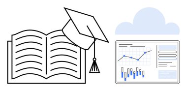 Open book with a graduation cap on top, data visualizations on a tablet screen beneath a cloud. Ideal for educational platforms, online courses, academic success, e-learning, data analysis, research clipart