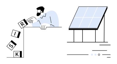 İş adamı, güneş paneline yakın bir çıkıntının yanında RISK yazım engellerini dikkatlice dengeliyor. Temalar arasında sürdürülebilirlik, karar verme mekanizması, temiz enerji, güvenlik, yönetim, strateji
