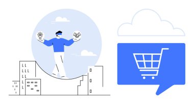 Şehir manzarası üzerinde fikir ve tokalaşma sembolünü dengeleyen iş adamı, alışveriş arabası sembolüyle bulut. E-ticaret, iş stratejisi, fikirler, ortaklıklar, bulut hesaplama, pazarlama, kentleşme için ideal