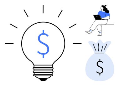 Dolar sembollü ampul, dizüstü bilgisayarlı kadın ve para çantası ikonu. İş, finans, yatırım, yenilik, girişim, girişimcilik ve çevrimiçi kazanç için idealdir. Satır metaforu